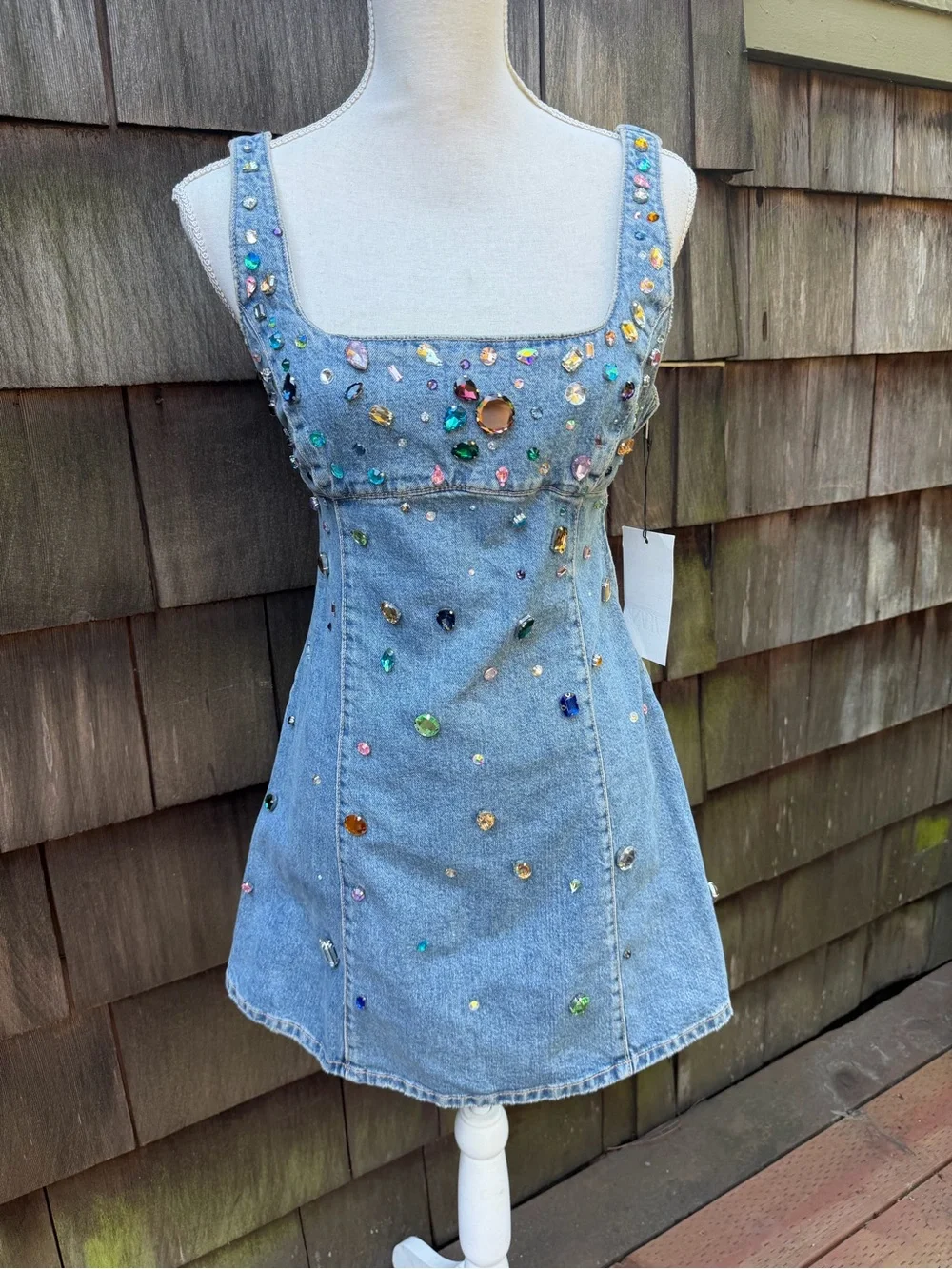 ZARA blue denim mini dress with rhinestones sleeveless Sz M NWT. - Picture 5 of 11